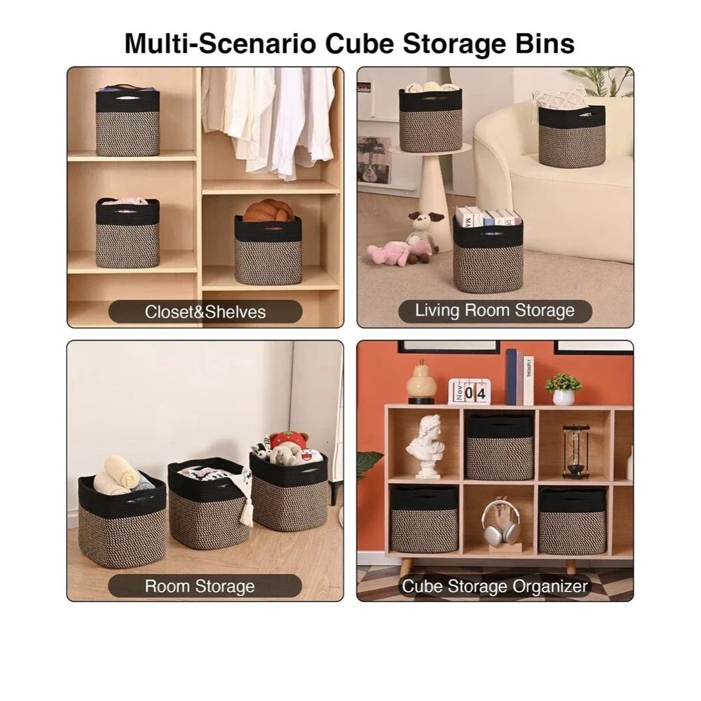 3 Pack Foldable 11 Inch Cube Storage Baskets Black Jute Closet Shelf Organizers